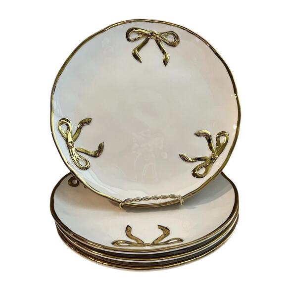 Hand Painted Coquette GOLD BOW Dinner Plates 10.5in White Ceramic Set of 4 New - Picture 1 of 7